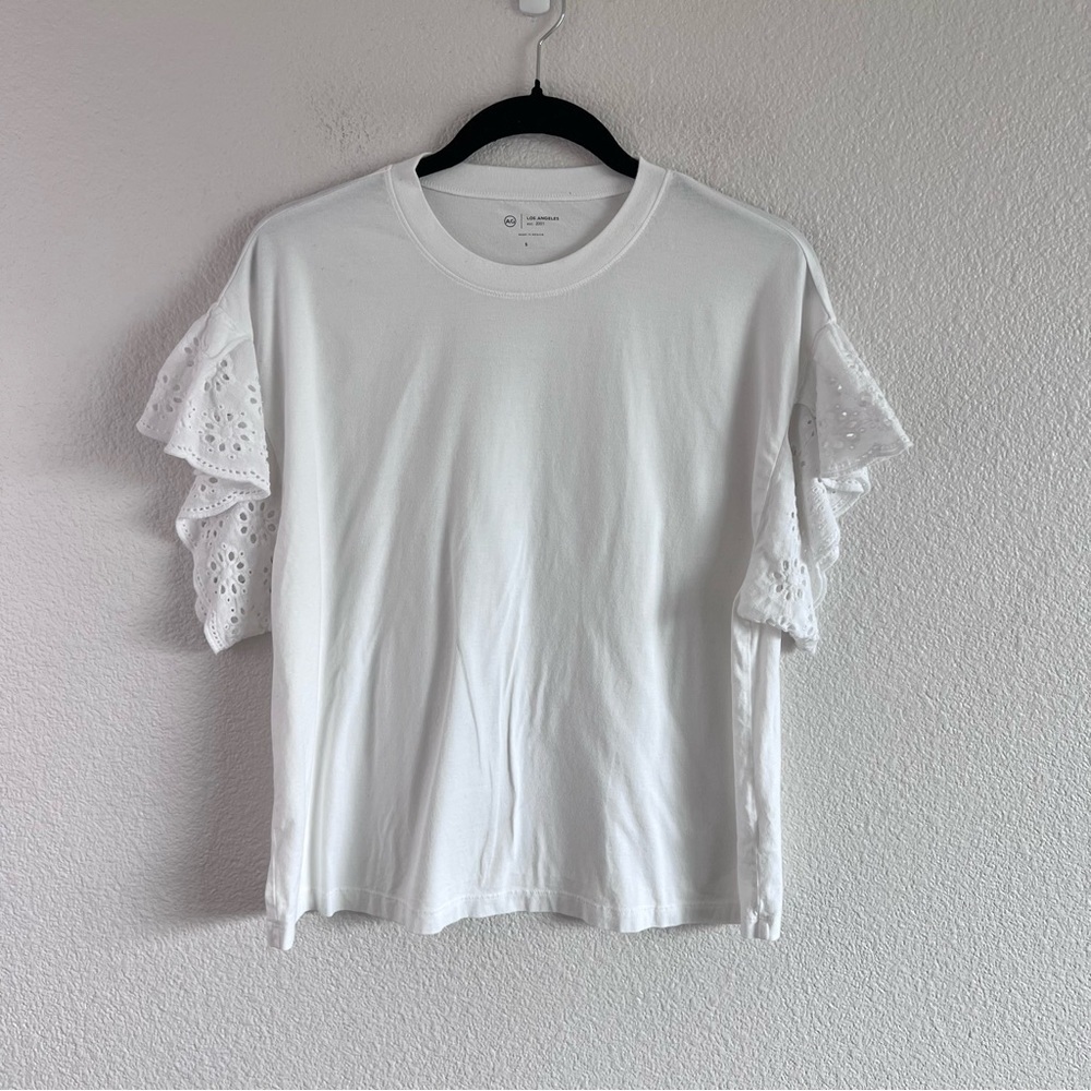 AG Adriano Goldschmied Sena Ruffle Eyelet Flutter Tee Cottagecore Top - Picture 2 of 10